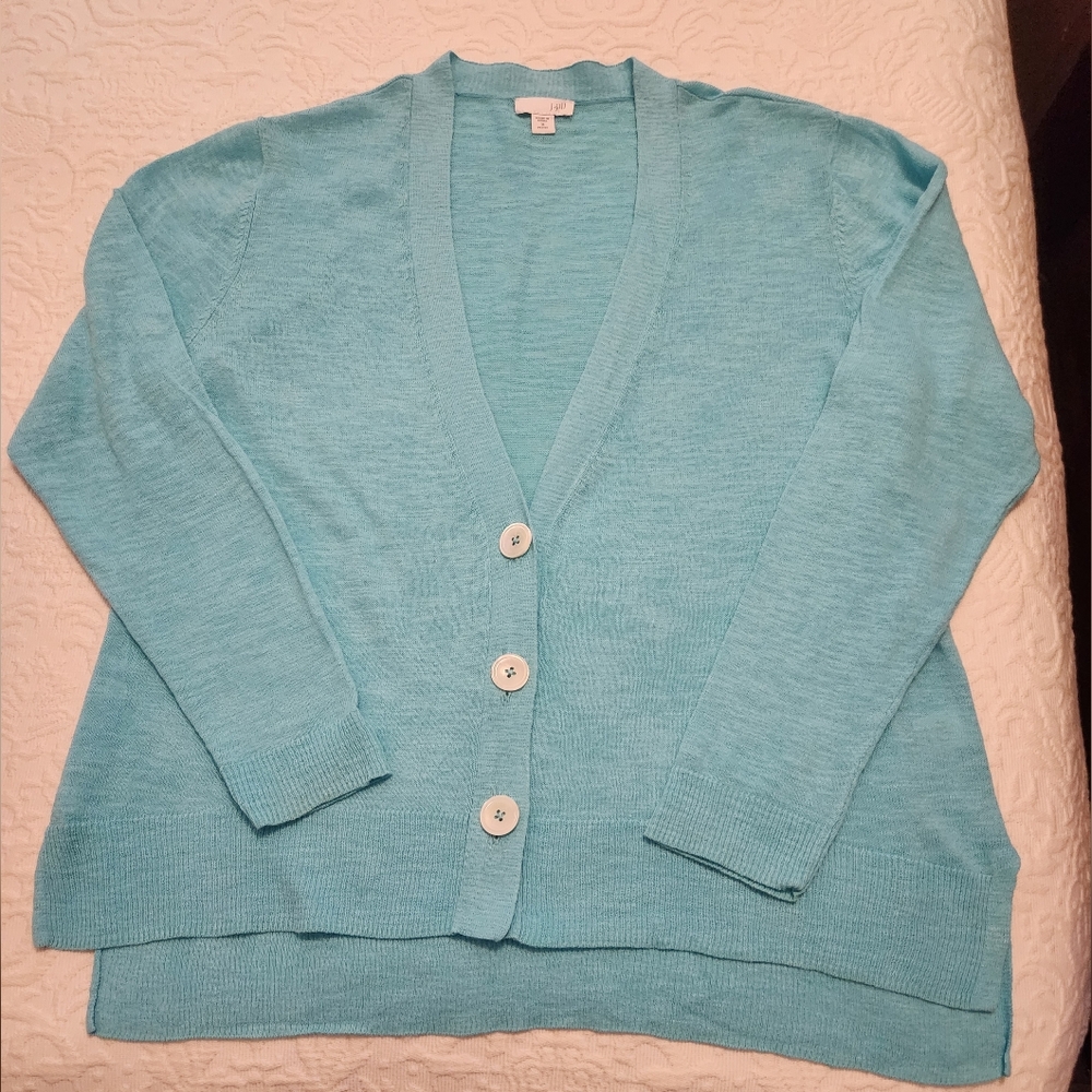 J. Jill Linen & Cotton Aqua Cardigan Sweater with V-Neck - Picture 3 of 8